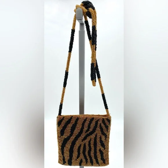 Vintage Tiger Striped Glass Beaded Crossbody Purse Dance Club Party Cocktail Bag - Picture 2 of 15